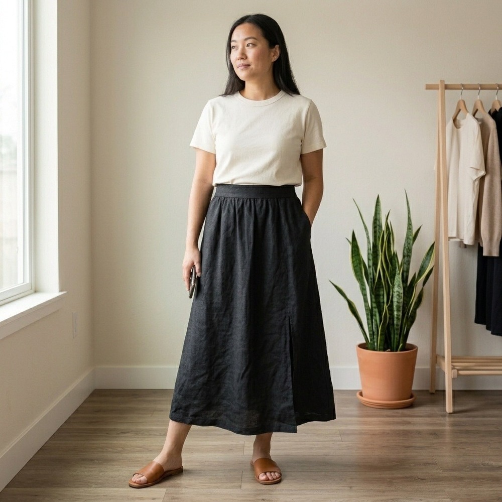 Quince Womens Skirt Small Black Elastic Waist Side Slit Linen Minimalist Preppy
